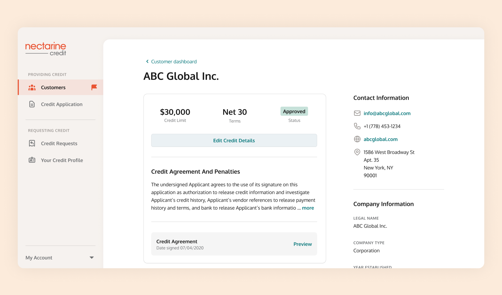 screenshot of Nectarine Credit